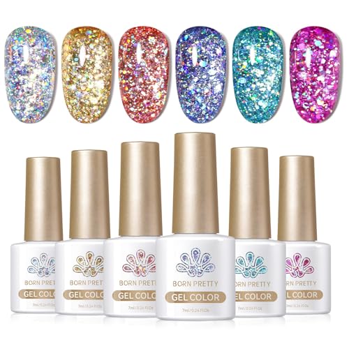 Born Pretty Glitter Gel Nail Polish Set Sparkly Shiny Gold Silver Pink Glitter Gel Polish Kit Soak Off U V Nail Gel Gift Box Nail Art Manicure Varnish Kit 7ML 6PCS - Image 1