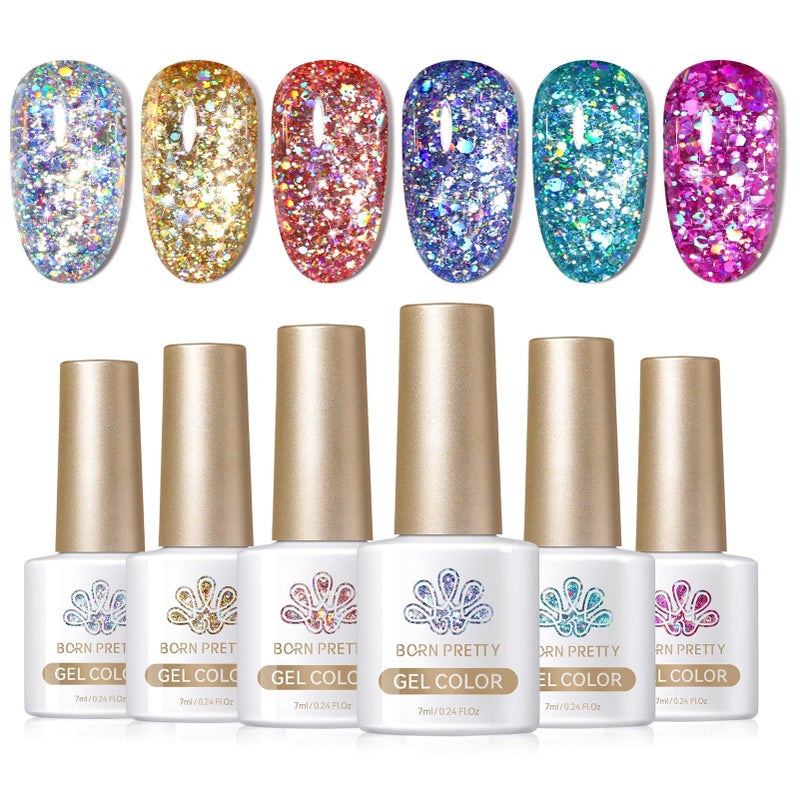 Born Pretty Glitter Gel Nail Polish Set Sparkly Shiny Gold Silver Pink Glitter Gel Polish Kit Soak Off U V Nail Gel Gift Box Nail Art Manicure Varnish Kit 7ML 6PCS - Image 2