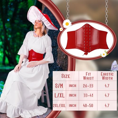 Cutecrop 3 Pcs Halloween Medieval Mushroom Costume Women Victorian Fairy Renaissance Retro Dress with Hat Cinch Belt Decor(Red,Large/X-Large) - Image 4