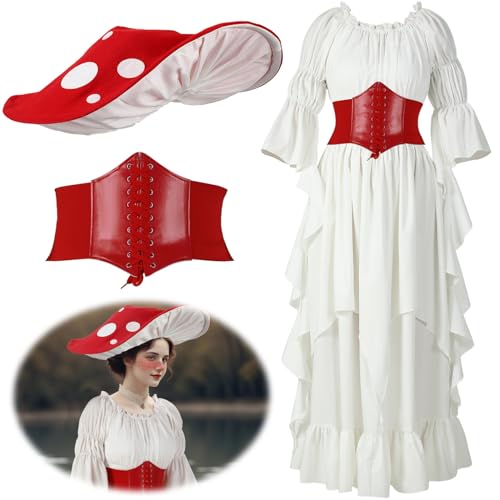 Cutecrop 3 Pcs Halloween Medieval Mushroom Costume Women Victorian Fairy Renaissance Retro Dress with Hat Cinch Belt Decor(Red,Large/X-Large) - Image 1