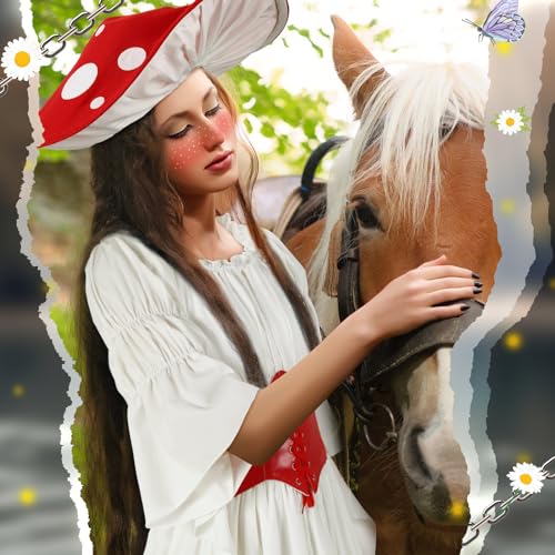 Cutecrop 3 Pcs Halloween Medieval Mushroom Costume Women Victorian Fairy Renaissance Retro Dress with Hat Cinch Belt Decor(Red,Large/X-Large) - Image 5