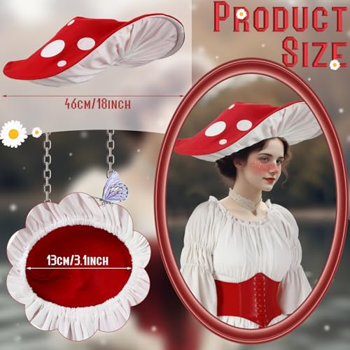 Cutecrop 3 Pcs Halloween Medieval Mushroom Costume Women Victorian Fairy Renaissance Retro Dress with Hat Cinch Belt Decor(Red,Large/X-Large) - Image 2