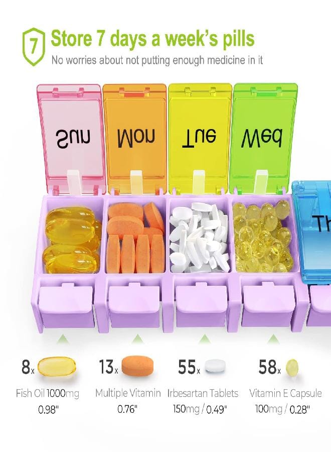 AUV0N AUVON Weekly Pill Organizer Arthritis Friendly, BPA Free Travel 7 Day Pill Box Case with Spring Open Design and Large Compartment to Hold Vitamins, Cod Liver Oil, Supplements and Medication - Image 3