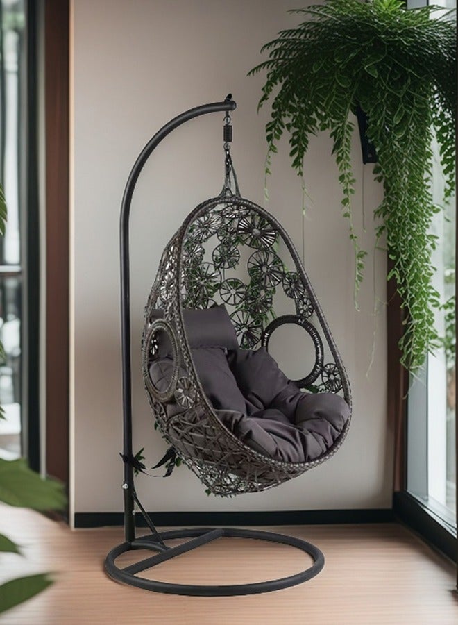 Broyhome Swing Chair Patio Hanging Egg Chair Basket Round Wicker Chair Indoor Outdoor & Heavy Duty Stand UV Resistant Cushions 100Kg Backyard Balcony Random Color Cushions  - Image 1