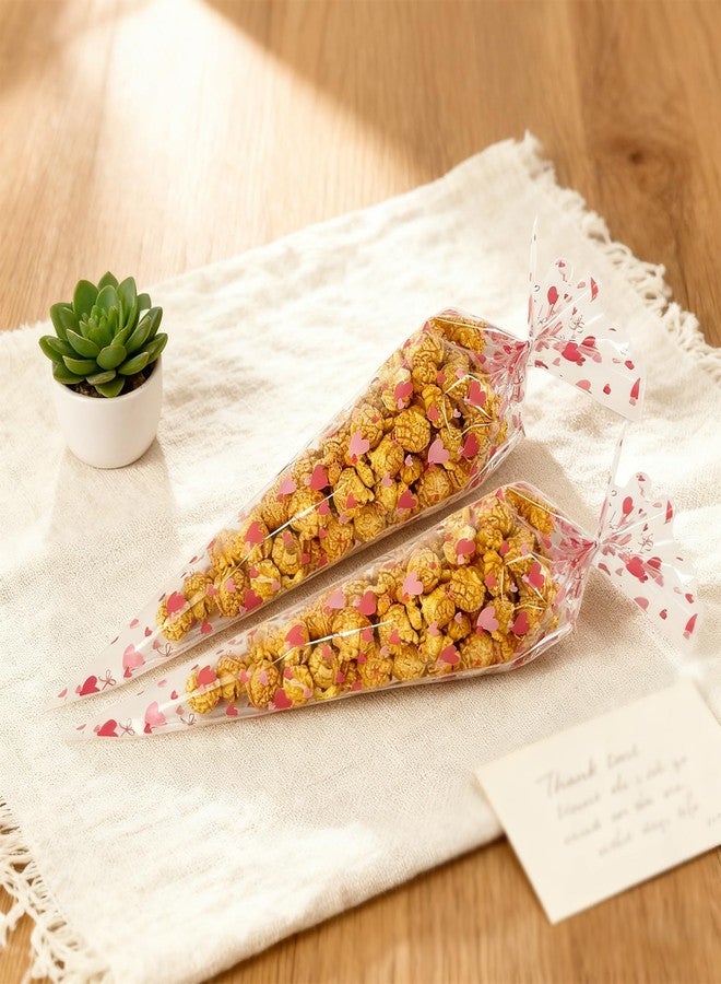 EKAPACKAGING 50Pcs 7x15 Inches Heart Pattern Cone Shaped Treat Bags, Valentine Popcorn Bags with Ties for Candy & Rice Krispies, Pink Cellophane Goodie Bags for Kids Class, Party Favors - Image 5