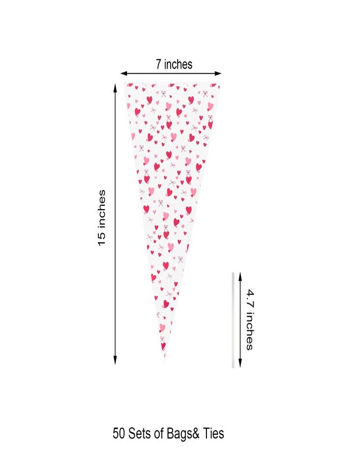 EKAPACKAGING 50Pcs 7x15 Inches Heart Pattern Cone Shaped Treat Bags, Valentine Popcorn Bags with Ties for Candy & Rice Krispies, Pink Cellophane Goodie Bags for Kids Class, Party Favors - Image 2