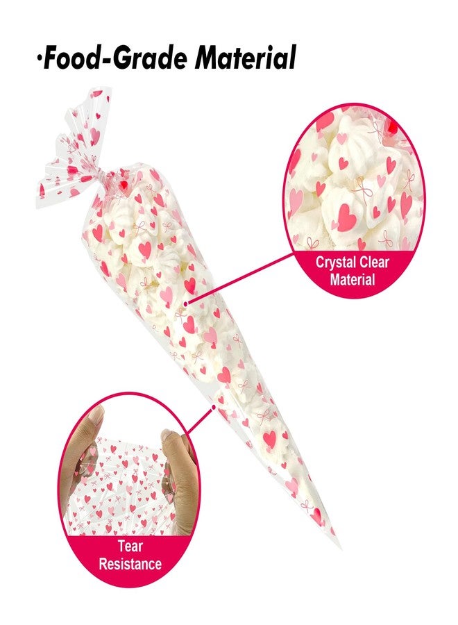 EKAPACKAGING 50Pcs 7x15 Inches Heart Pattern Cone Shaped Treat Bags, Valentine Popcorn Bags with Ties for Candy & Rice Krispies, Pink Cellophane Goodie Bags for Kids Class, Party Favors - Image 3