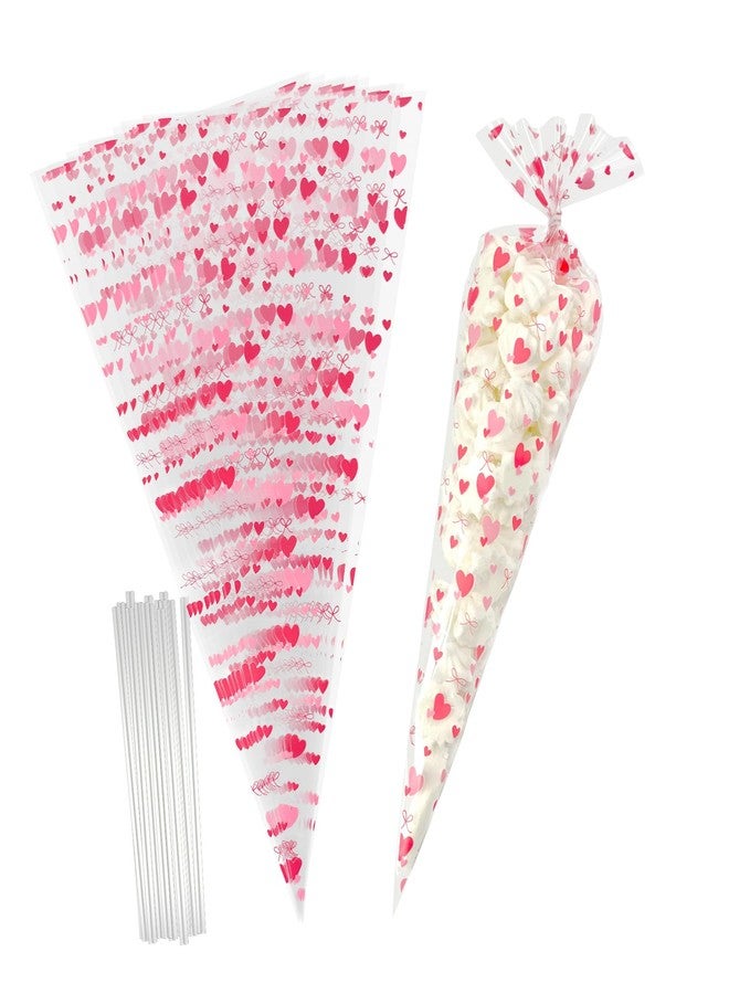 EKAPACKAGING 50Pcs 7x15 Inches Heart Pattern Cone Shaped Treat Bags, Valentine Popcorn Bags with Ties for Candy & Rice Krispies, Pink Cellophane Goodie Bags for Kids Class, Party Favors - Image 1