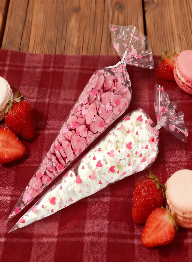 EKAPACKAGING 50Pcs 7x15 Inches Heart Pattern Cone Shaped Treat Bags, Valentine Popcorn Bags with Ties for Candy & Rice Krispies, Pink Cellophane Goodie Bags for Kids Class, Party Favors - Image 4