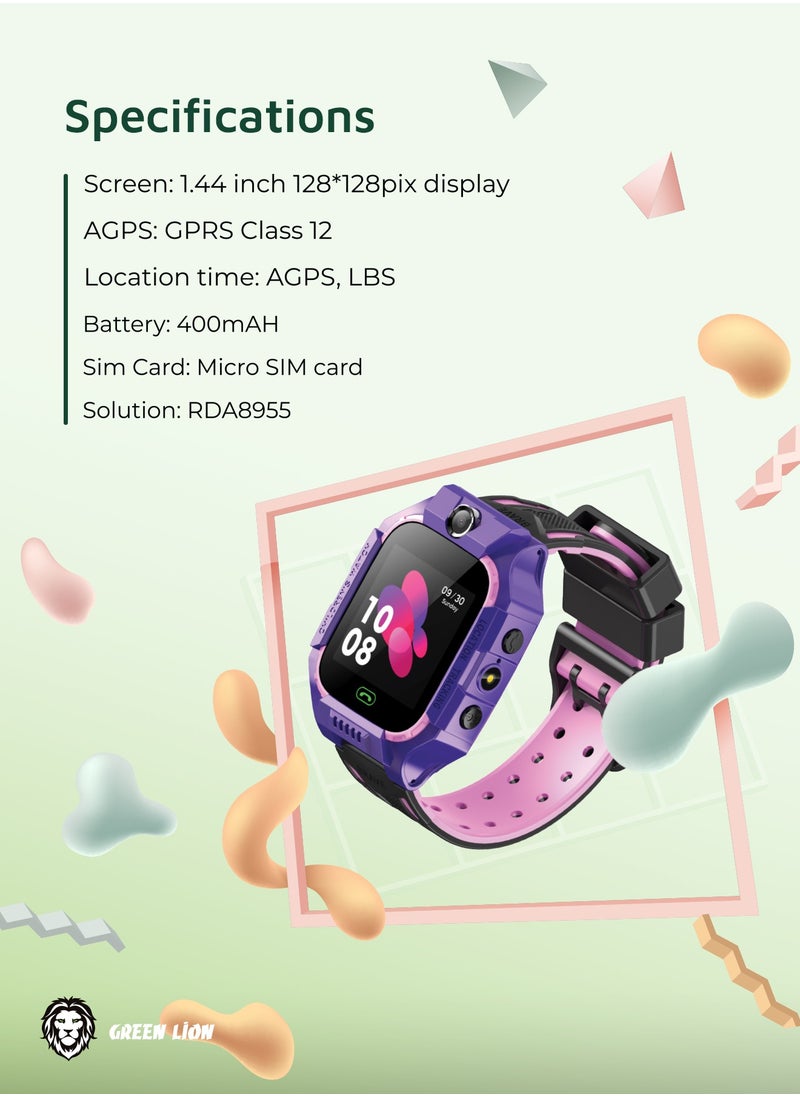 GREEN LION - Smart Watch for Kids Series 5 with GPS and Sim Card Slot and Two-Way Call and SOS Alarm and Location - Purple - Image 1
