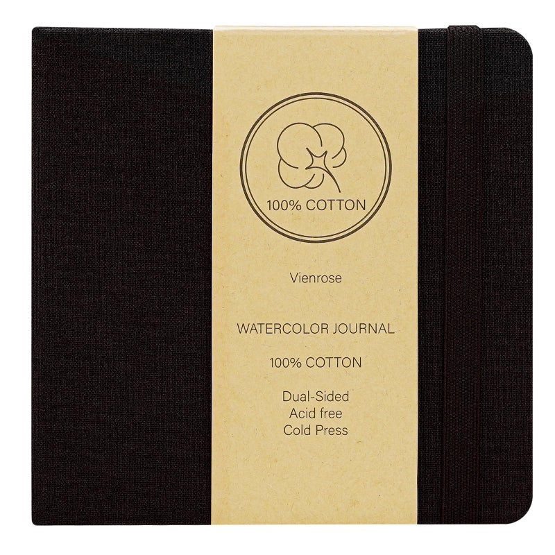 Vienrose Watercolor Sketchbook, 5.5"x5.5" Watercolor Journal with 24 Sheets 140 LB (300 GSM) Cotton Watercolor Paper, Black Linen Cover Watercolcr Sketch Book As Travel Notebook Mixed Media Pad - Image 1