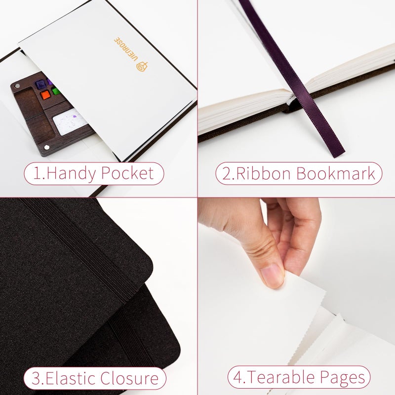 Vienrose Watercolor Sketchbook, 5.5"x5.5" Watercolor Journal with 24 Sheets 140 LB (300 GSM) Cotton Watercolor Paper, Black Linen Cover Watercolcr Sketch Book As Travel Notebook Mixed Media Pad - Image 5