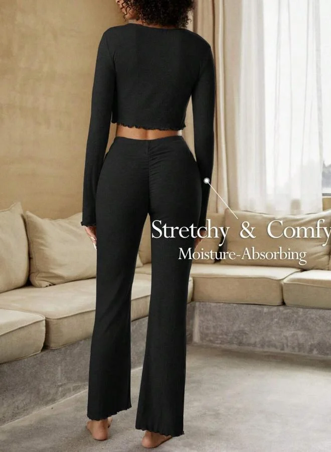 Take Two Black Black Lettuce Edge Crop Top and Pants Co-Ords for Women | Best Price UAE