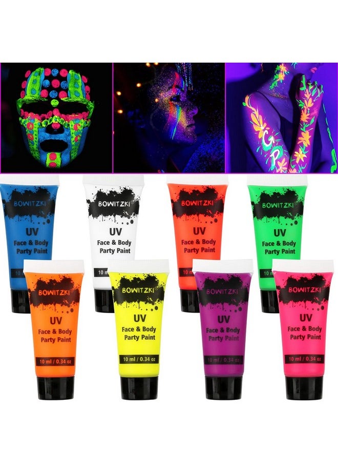 بويتزكي مجموعة طلاء الوجه والجسم من Bowitzki UV Neon، 8 أنابيب، 0.34 أونصة، مجموعة سائلة، ضوء أسود، مجموعة مكياج متوهجة في الظلام، رسم فلوري للبالغين والأطفال، مهرجانات موسيقية، حفلات الهالوين، عيد الميلاد  - Image 1
