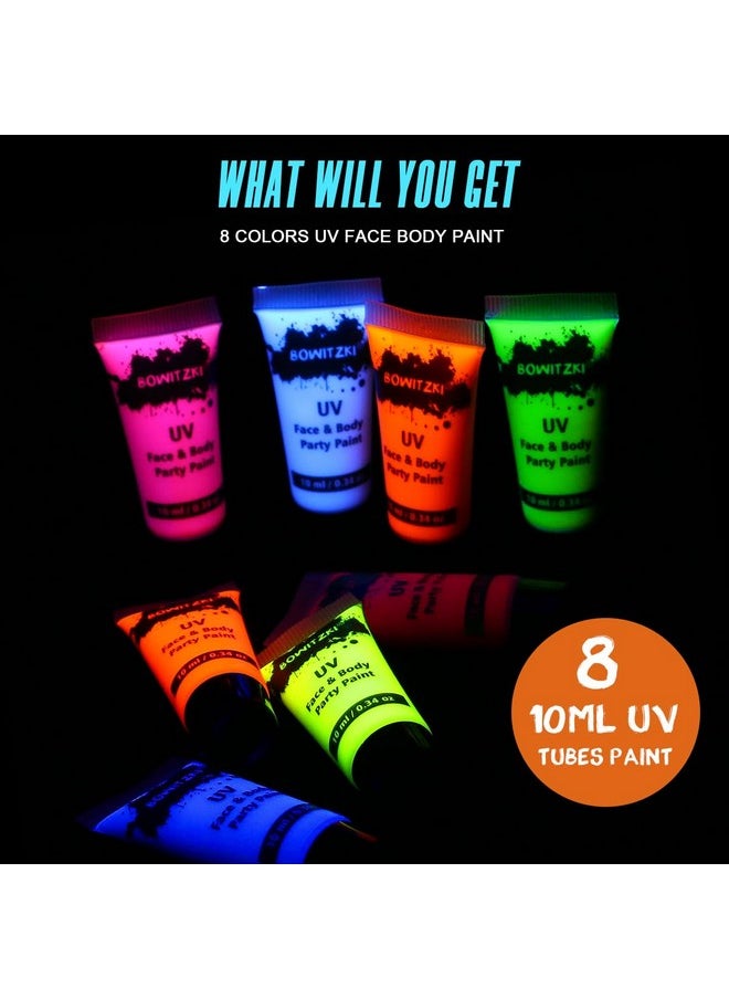 بويتزكي مجموعة طلاء الوجه والجسم من Bowitzki UV Neon، 8 أنابيب، 0.34 أونصة، مجموعة سائلة، ضوء أسود، مجموعة مكياج متوهجة في الظلام، رسم فلوري للبالغين والأطفال، مهرجانات موسيقية، حفلات الهالوين، عيد الميلاد  - Image 4