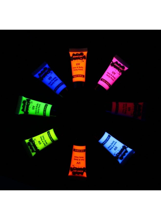 بويتزكي مجموعة طلاء الوجه والجسم من Bowitzki UV Neon، 8 أنابيب، 0.34 أونصة، مجموعة سائلة، ضوء أسود، مجموعة مكياج متوهجة في الظلام، رسم فلوري للبالغين والأطفال، مهرجانات موسيقية، حفلات الهالوين، عيد الميلاد  - Image 5
