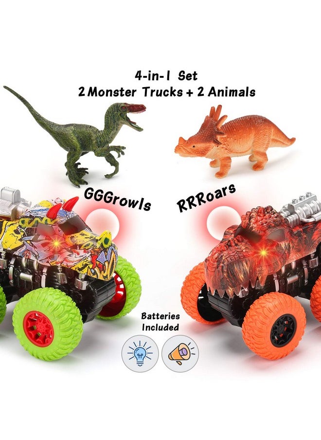 MOBIUS Toys MÖBIUS Monster Truck Toy Set - 2 Dinosaur Trucks + 2 Realistic Toy Dinosaurs - Red Lights & Roaring Sounds - Mobius Friction Powered Push & Go Playset Up to 100-Ft for Boys and Girls 3-8 Years Old  - Image 4