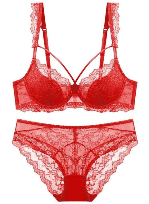 Comfy Breathable Solid Color Thin Cup Lace Bra And Panty Set Red