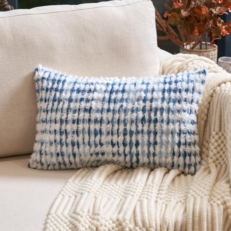 Aeckself Boho Chenille Tufted Pillow Cover 12x20 Inch, Rectangle Decorative Lumbar Throw Pillow Cover Neutral Pillowcase for Couch Bedroom Living Room, Blue White - Image 1