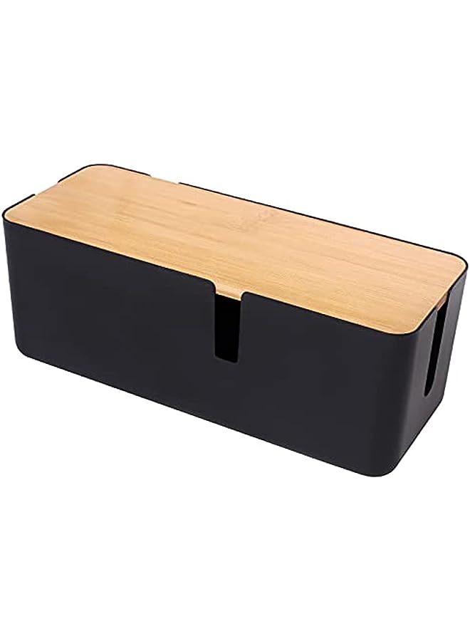 PROMASS management box with Bamboo lid Small wire storage box Extension mesh with surge protector Wire management concealment storage box (black) - Image 1