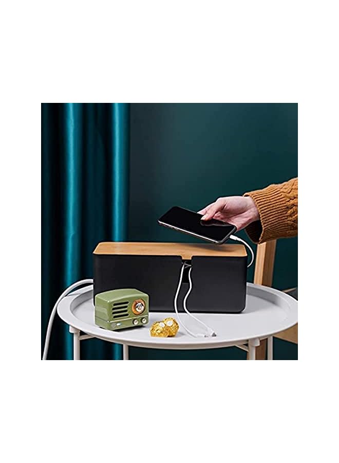 PROMASS management box with Bamboo lid Small wire storage box Extension mesh with surge protector Wire management concealment storage box (black) - Image 3