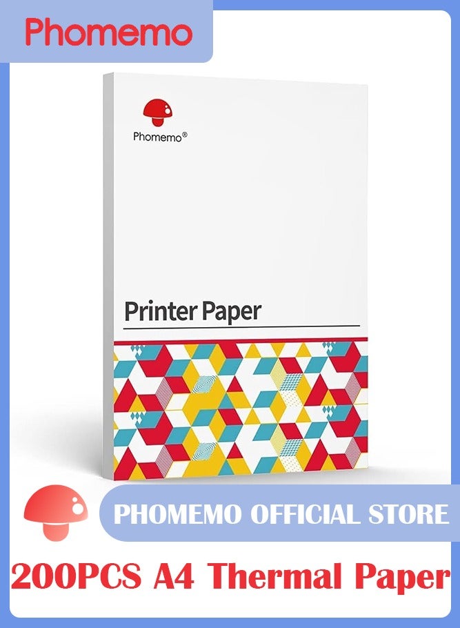 فوميمو 200 ورقة ورق حراري A4، ورق حراري متعدد الأغراض لطابعات Phomemo M08F وM832 وM834 الحرارية المحمولة، مقاس 8.27 بوصة × 11.69 بوصة (210 × 297 مم)، أسود على أبيض - Image 1