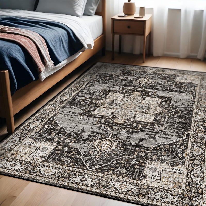 RUUGME Washable 4X6 Area Rugs - Soft Area Rug For Living Room Stain Resistant Carpet Vintage Indoor Ultra-Thin Rugs For Bedroom Kitchen Entryway With Non Slip Backing Home Decor Small Mat 4X6 Black - Image 2