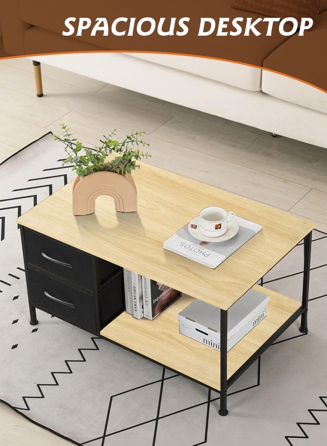 مساحة عمار طاولة قهوة مع أدراج لغرفة المعيشة، طاولات قهوة من مستويين مع أدراج تخزين، طاولات بنية، طاولة خشبية مستطيلة، طاولة جانبية معدنية - Image 4