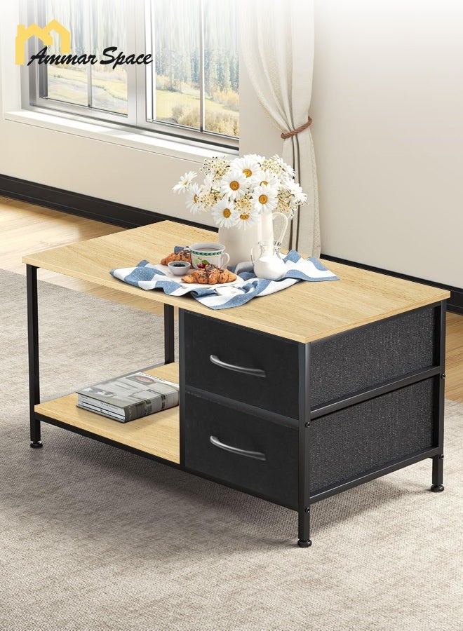مساحة عمار طاولة قهوة مع أدراج لغرفة المعيشة، طاولات قهوة من مستويين مع أدراج تخزين، طاولات بنية، طاولة خشبية مستطيلة، طاولة جانبية معدنية - Image 2