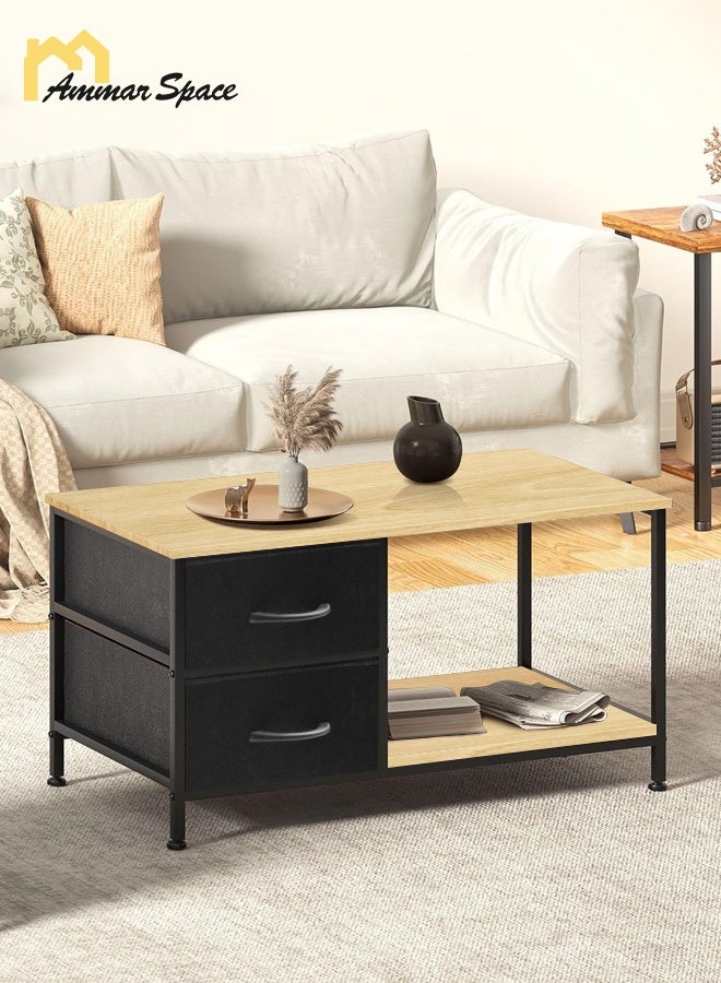 مساحة عمار طاولة قهوة مع أدراج لغرفة المعيشة، طاولات قهوة من مستويين مع أدراج تخزين، طاولات بنية، طاولة خشبية مستطيلة، طاولة جانبية معدنية - Image 1