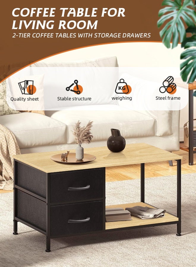 مساحة عمار طاولة قهوة مع أدراج لغرفة المعيشة، طاولات قهوة من مستويين مع أدراج تخزين، طاولات بنية، طاولة خشبية مستطيلة، طاولة جانبية معدنية - Image 3