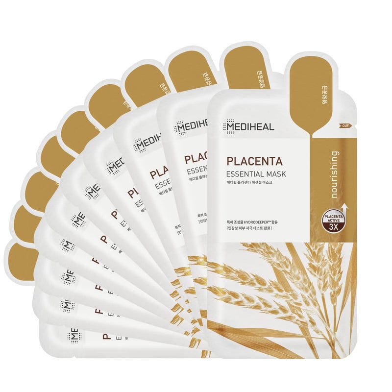 Mediheal Best Korean Sheet Mask - Placenta Essential Face Mask 10 Sheets For Anti-aging, Korean rejuvenazing mask, ultra-nourishing, glowy skin treatment - Image 1