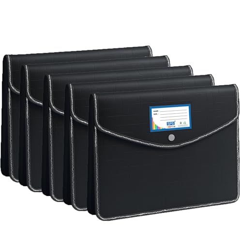 SPS File Folder, Opaque Poly-Plastic A4/Foolscap Documents File Storage Bag with Snap Button, Set of 5 (Black) - Image 1