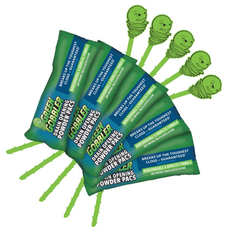 Green Gobbler Drain Clog Remover & Drain Cleaner Powder (5 Pacs & 5 Tools) - Image 1