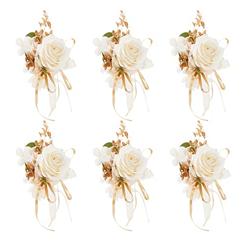 Meldel Rose Wrist Corsage for Girls Women Bride Bridesmaid, Set of 6, Champagne Hand Flower Wedding Artificial Flowers Accessories for Prom Party - Image 1