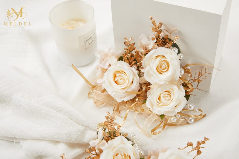 Meldel Rose Wrist Corsage for Girls Women Bride Bridesmaid, Set of 6, Champagne Hand Flower Wedding Artificial Flowers Accessories for Prom Party - Image 4