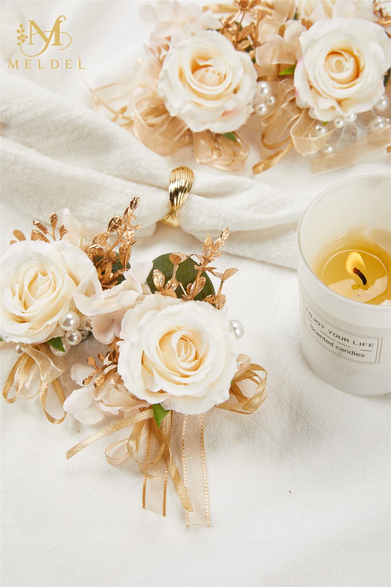 Meldel Rose Wrist Corsage for Girls Women Bride Bridesmaid, Set of 6, Champagne Hand Flower Wedding Artificial Flowers Accessories for Prom Party - Image 2