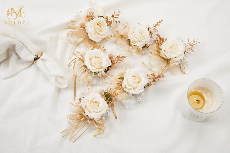 Meldel Rose Wrist Corsage for Girls Women Bride Bridesmaid, Set of 6, Champagne Hand Flower Wedding Artificial Flowers Accessories for Prom Party - Image 3