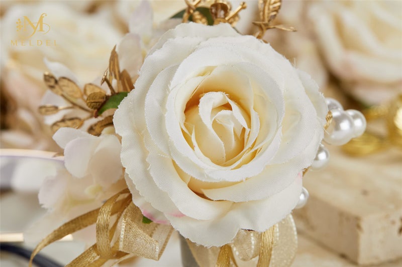 Meldel Rose Wrist Corsage for Girls Women Bride Bridesmaid, Set of 6, Champagne Hand Flower Wedding Artificial Flowers Accessories for Prom Party - Image 5