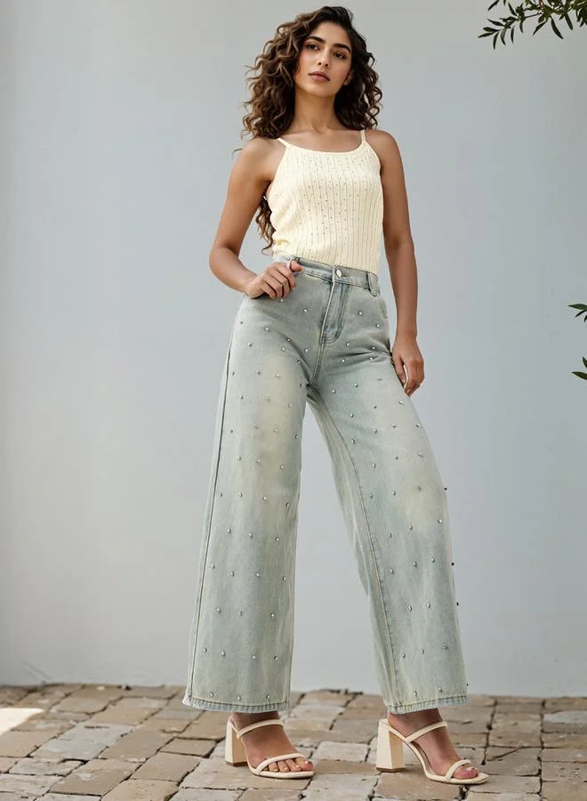 2Xtremz 2Xtremz Embellished Strappy Crop Top with Scoop Neck