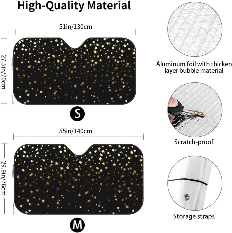 Golden Stars Black Car Windshield Sun Shade, Keeps Interior Cool, Foldable Sun Visor Protector, Fits Cars Trucks SUVs Small - Image 4