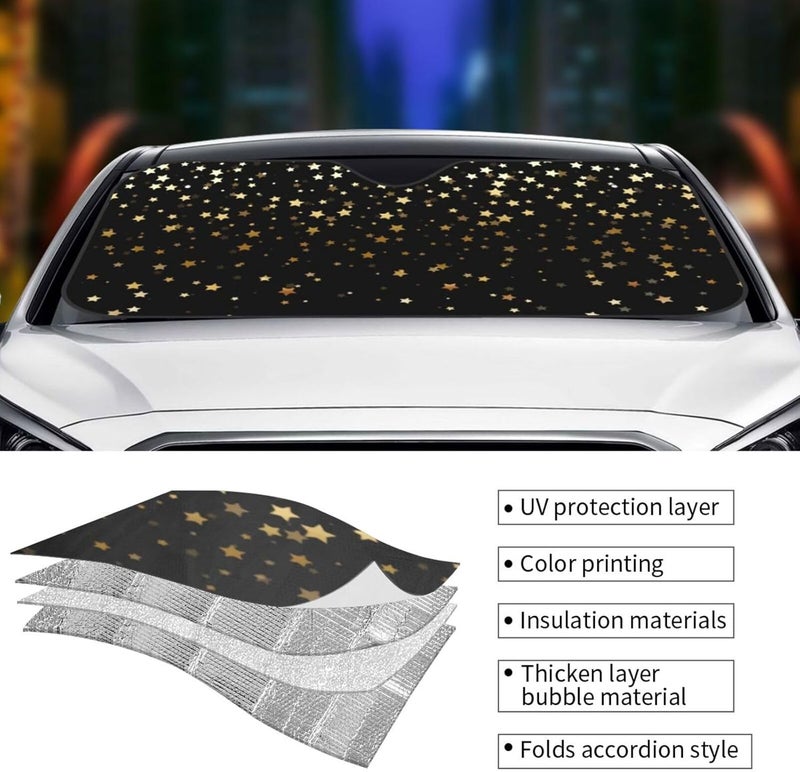 Golden Stars Black Car Windshield Sun Shade, Keeps Interior Cool, Foldable Sun Visor Protector, Fits Cars Trucks SUVs Small - Image 5