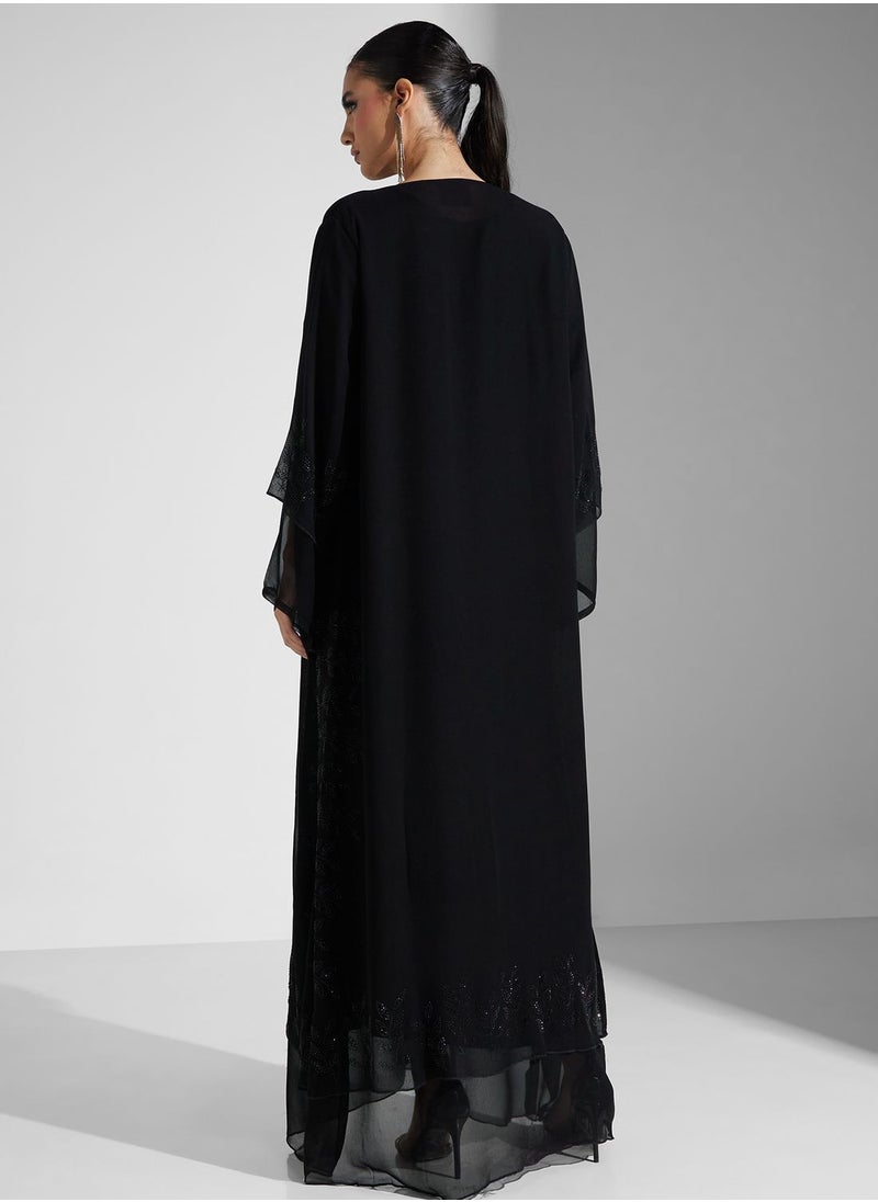 hayas closet - Embellished Black Flared Sleeve Abaya With Sheila - Image 1
