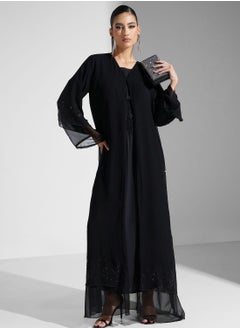 Embellished Black Flared Sleeve Abaya With Sheila