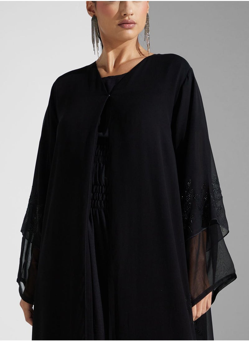 hayas closet - Embellished Black Flared Sleeve Abaya With Sheila - Image 1