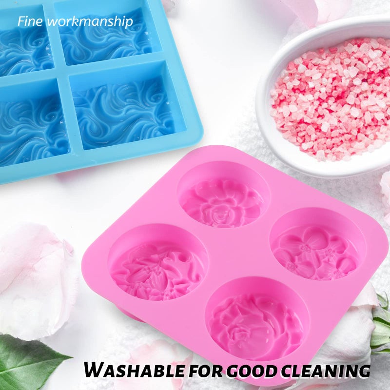 Sakolla 2 Pack Silicone Soap Molds, 4 Cavities Rectangle Wave and Round Flower Silicone Molds for Handmade Soap, Candle and Mousse Cake - Image 4