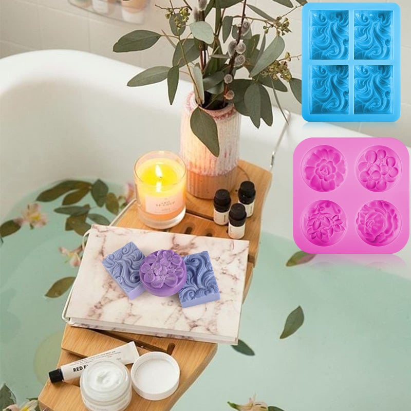 Sakolla 2 Pack Silicone Soap Molds, 4 Cavities Rectangle Wave and Round Flower Silicone Molds for Handmade Soap, Candle and Mousse Cake - Image 5
