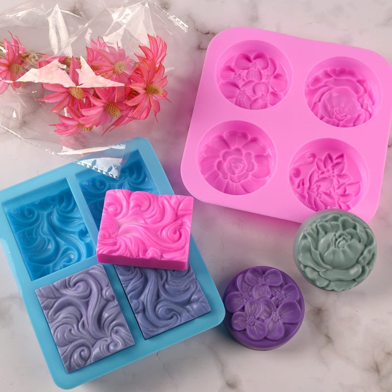 Sakolla 2 Pack Silicone Soap Molds, 4 Cavities Rectangle Wave and Round Flower Silicone Molds for Handmade Soap, Candle and Mousse Cake - Image 3