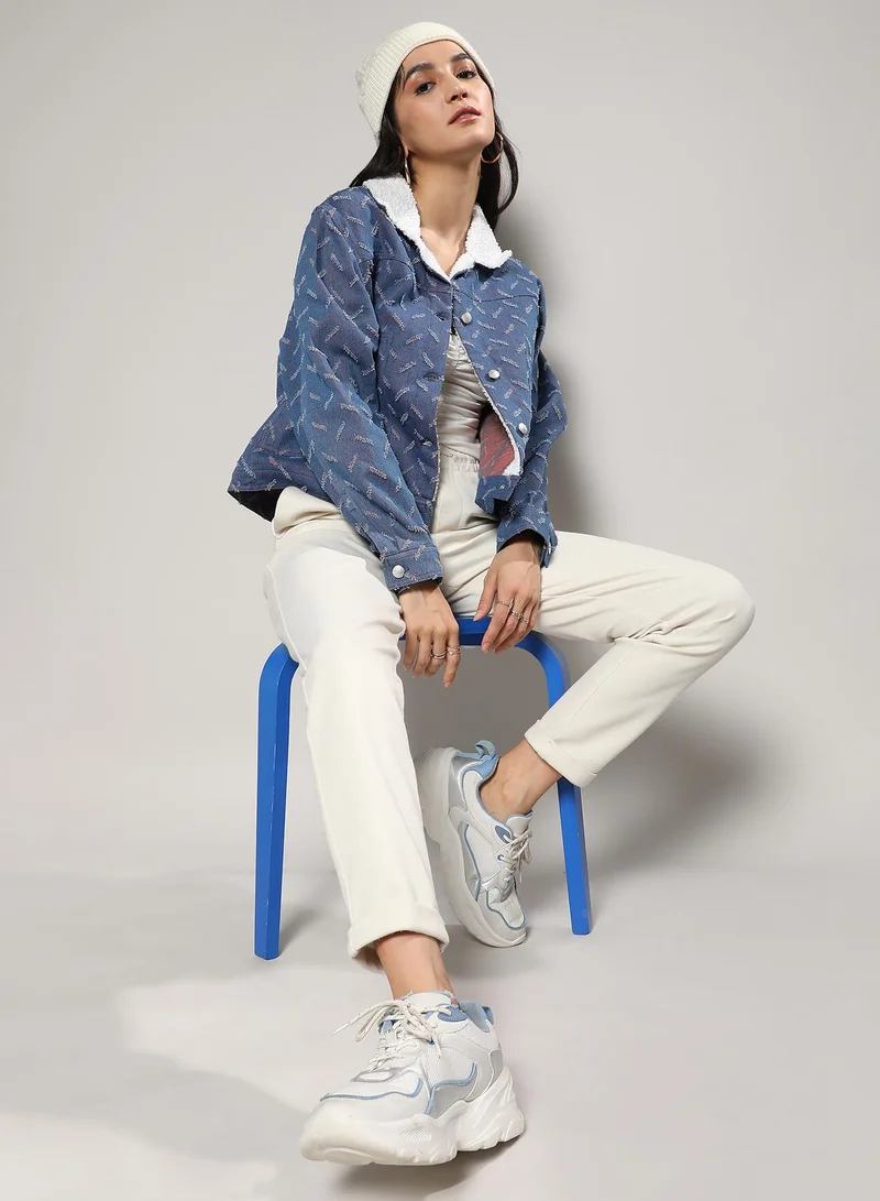 Campus Sutra Women's Blue Clustered Distress Denim Jacket