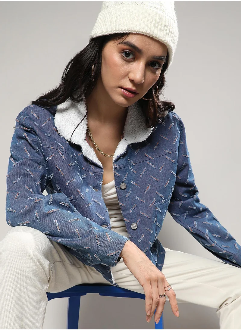 Campus Sutra Women's Blue Clustered Distress Denim Jacket